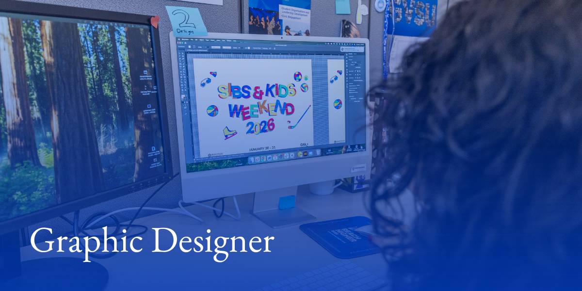 A student working on a desktop computer and text that reads "graphic designer".